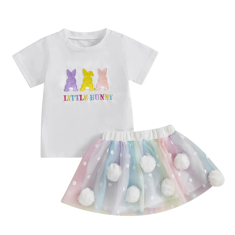 Adorable Baby Girl Easter Outfit with Bunny Embroidery and Polka Dot Tulle Skirt - 2 Piece Set for Spring Celebrations