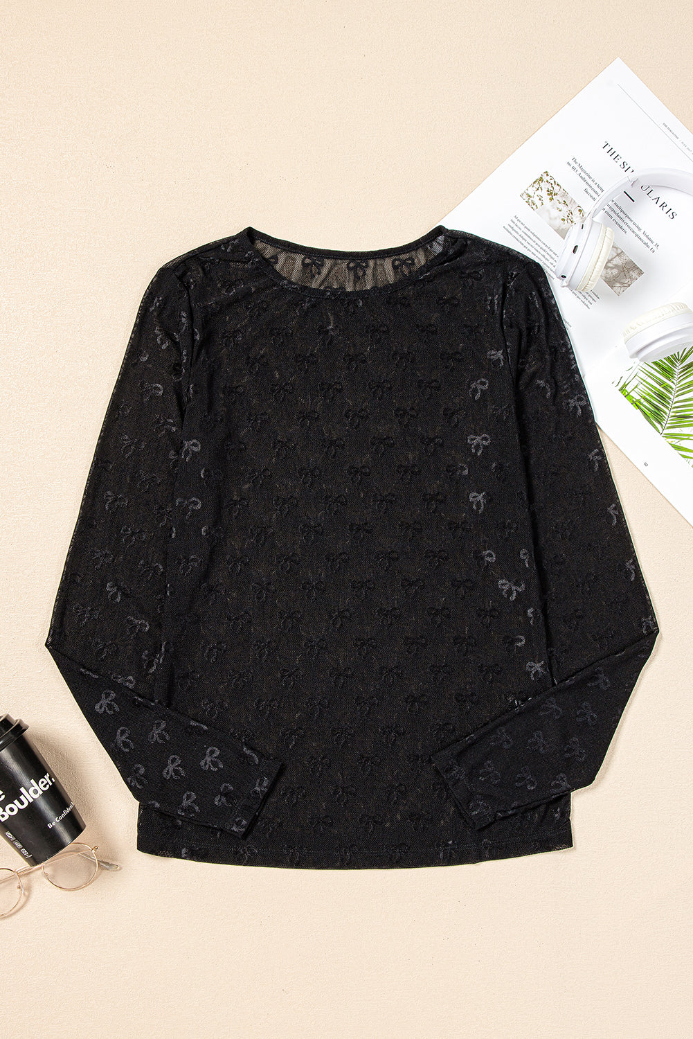 Black Bow Pattern Long Sleeve Slim Fit Mesh Top