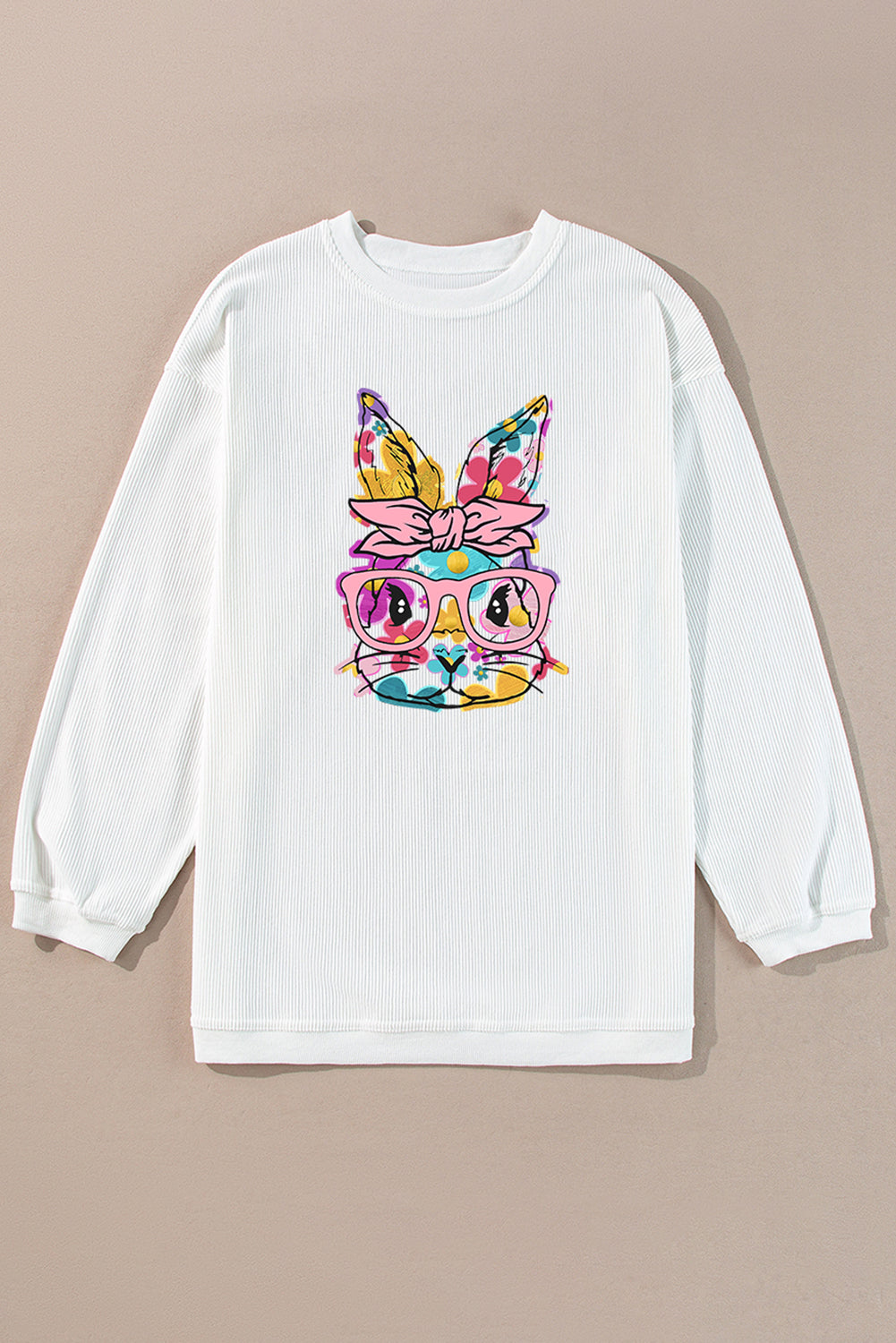 White Floral Rabbit with Glasses Graphic Corded Easter Sweatshirt