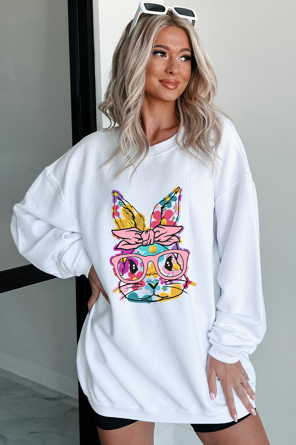 White Floral Rabbit with Glasses Graphic Corded Easter Sweatshirt