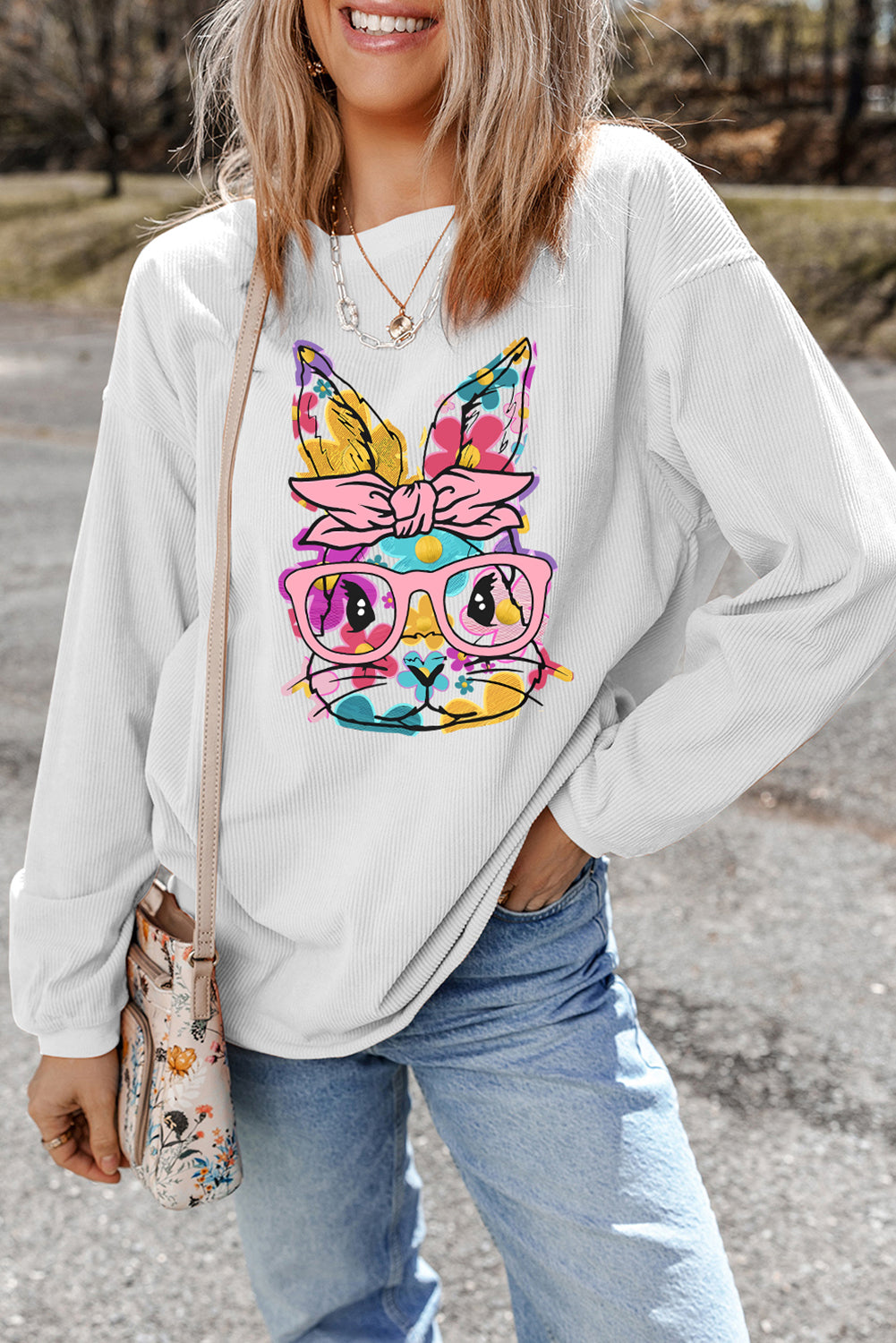 White Floral Rabbit with Glasses Graphic Corded Easter Sweatshirt